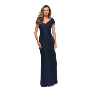 La Femme Portrait Neck Sparkle Lace Gown in Navy NWT
